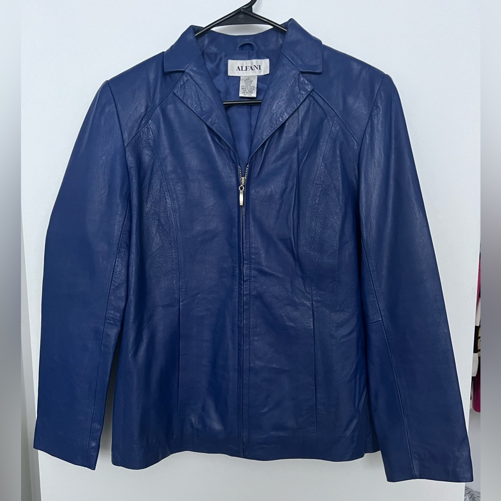 A Blue Alfani Lamb Leather Jacket, size medium.